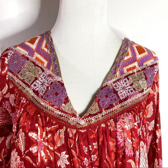 Rachel Zoe Red Bohemian Peasant Top Small Embroidered NWT Floral Oversized Boho - Picture 6 of 11